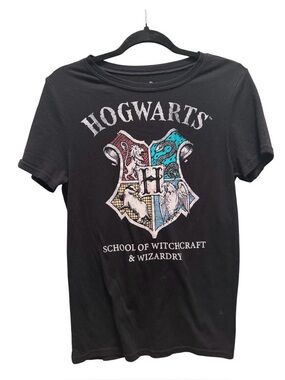 Warner Bros. Black Tee with Colorful Hogwarts Crest